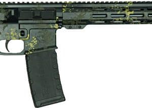 Black AR-style rifle with a camo pattern, adjustable stock, pistol grip, and a long quad-rail fore-end with a magazine inserted.