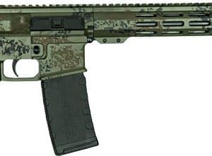Camouflage-pattern AR-style semi-automatic rifle with black stock, pistol grip, and 30-round magazine.