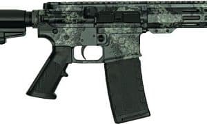 AR-15–style rifle with a collapsible stock, camouflage pattern, pistol grip, and detachable magazine.