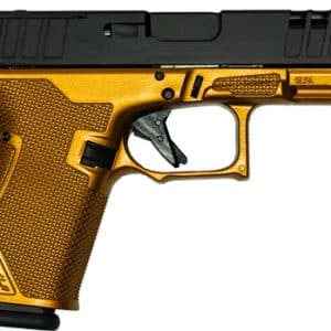 Gold-colored semi-automatic pistol with a black slide and textured grip on a white background.