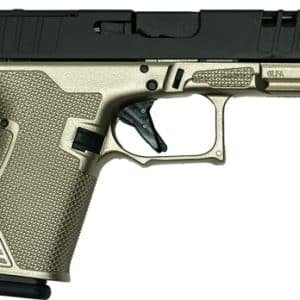 Gold-tinish semi-automatic pistol with a black slide and textured grip, shown in profile.