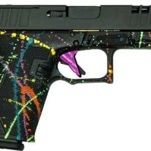 Semi-automatic handgun with a black body covered in multicolored paint splatters, shown in profile.