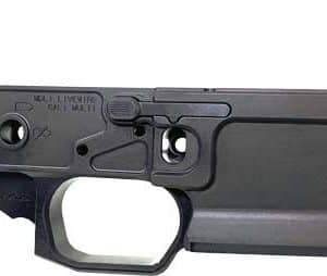 Black AR-style lower receiver with trigger, bolt area, and magazine well, viewed from the left side.