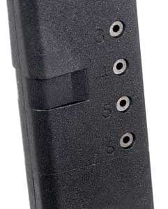 Black handgun magazine with five round indicators, standing upright on a white background.