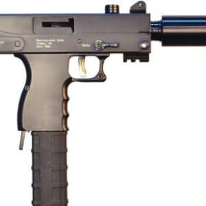 Side view of a black compact firearm with a suppressor and vertical grip on a white background.