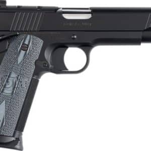 Side view of a black semi-automatic pistol with a textured grip.