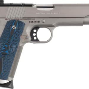 Silver semi-automatic handgun with blue textured grip, shown from the left side.