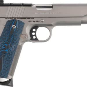 Right-side view of a semi-automatic pistol with grey metal frame and blue textured grip.