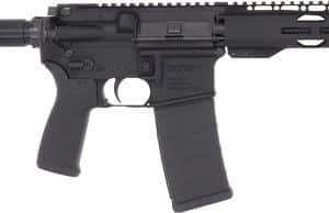 Black AR-style semi-automatic rifle with a long Picatinny handguard, pistol grip, and detachable magazine