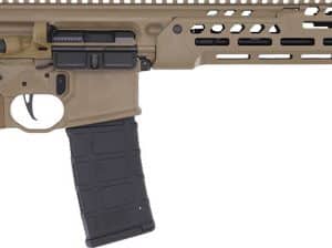 Tan AR-style rifle with adjustable stock, pistol grip, and a long perforated quad-rail handguard, magazine inserted