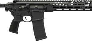 Black AR-style tactical rifle with adjustable stock, quad-rail handguard, and curved magazine inserted