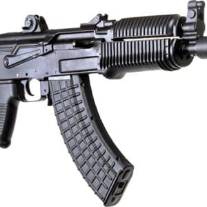 Side view of a black assault rifle with a curved magazine and ribbed handguard, shown against a white background.