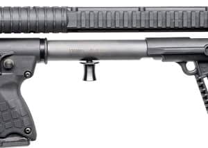 Side view of a black tactical assault rifle with a Picatinny rail, foregrip, and adjustable stock.