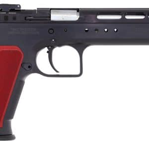Black semi-automatic pistol with a red grip and accessory rails on the top and barrel area