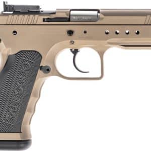 Side view of a tan semi-automatic pistol with a textured grip and front accessory rail, facing left.