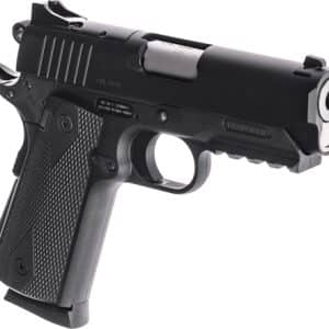 Right-side view of a black semi-automatic handgun with a textured grip.