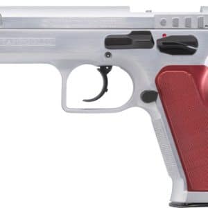 Semi-automatic pistol with a silver finish and red textured grip, shown in side view