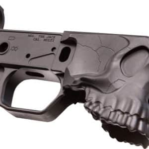 AR-15–style lower receiver with a skull design, a black firearm component