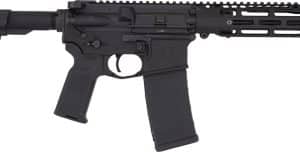 AR-15 style rifle with collapsible stock, long handguard, top rail, and detachable magazine