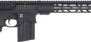 Black AR-15 style rifle with collapsible stock, pistol grip, long free-floating handguard, Picatinny rails, and a detachable magazine inserted