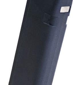 Black detachable handgun magazine with a flat base plate, angled upright against a white background.