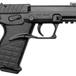 Black semi-automatic pistol shown from the left side with a textured grip and accessory rail under the slide