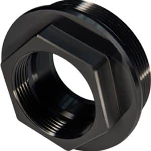Black hexagonal pipe adapter fitting with internal threads and visible external thread edges.