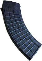 Curved blue rifle magazine with a grid-pattern surface on a white background