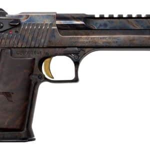 Full pistol image: a dark, marbled Desert Eagle-style handgun with wooden grip and silver-blue finish, shown in profile left side,