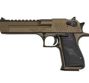 Tan Desert Eagle semi-automatic pistol shown in a right-facing profile view, with a black grip and rail area visible on top.
