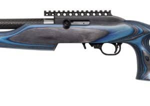 Bolt-action rifle with a blue swirled stock and long barrel, shown from the side.