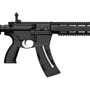 Black AR-style rifle with adjustable stock, long rails, and curved magazine