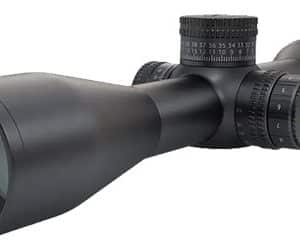 Black rifle scope with adjustable turrets and large objective lens, shown from a side angle.