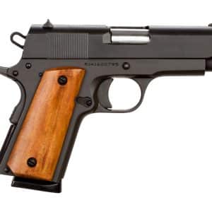 Side view of a semi-automatic pistol with a wooden grip and black metal frame on a white background