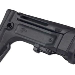Black adjustable rifle buttstock with tightening lever and mounting points for attachment to a firearm, shown at an angle against a white background.