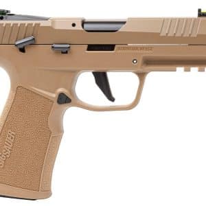 Side view of a tan semi-automatic pistol with textured grip and trigger guard (SIG Sauer). Ready for sale product photo.