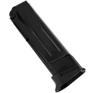 Black pistol magazine viewed from the side, detached from a firearm (semi-automatic handgun).