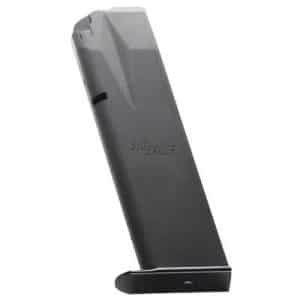 Gray SIG SAUER handgun magazine with a rounded base plate, angled against a white background.