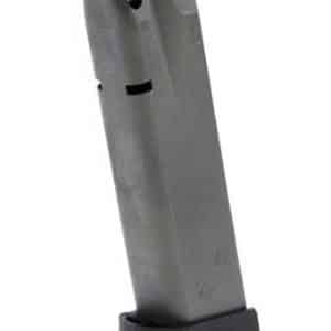 Semi-automatic pistol magazine with a black polymer base plate, shown at an angle.