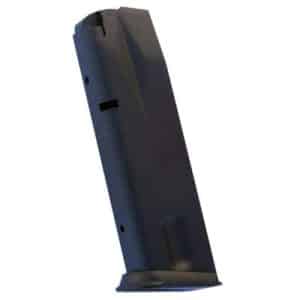 Handgun magazine standing upright with a flat base plate on a white background.