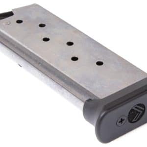 Metal firearm magazine with a black polymer baseplate, angled view showing side holes for rounds and feed lips at the top.