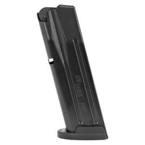 Black handgun magazine with a wide baseplate, shown standing upright.