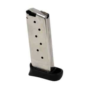 Detachable metal handgun magazine with a black plastic baseplate, shown upright.