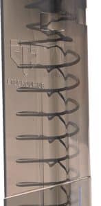 Transparent pistol magazine filled with visible rounds and a pink follower.