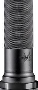 Black handheld flashlight with a textured grip and wide head for tactical use