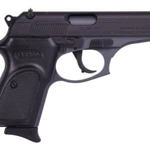 Side view of a black semi-automatic pistol with a textured grip, shown in profile.