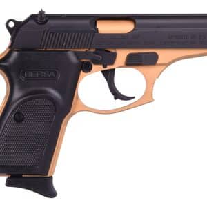 Tan-and-black semi-automatic pistol shown in profile against a white background, highlighting the grip and trigger guard.