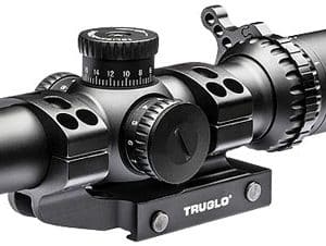 Black TRUGLO rifle scope with multiple adjustment turrets and a mounted rail bracket.