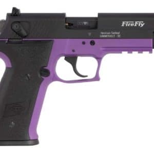 Purple-and-black semi-automatic pistol shown from the left, with a purple frame and black slide.