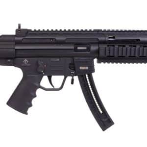 Black modular tactical rifle with collapsible stock, quad-rail handguard, pistol grip, curved magazine, and suppressor on the muzzle edge.